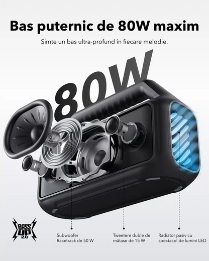 Φορητό Ηχείο Bluetooth Anker SoundCore Boom 2 Νέα Έκδοση, 80W, TWS, RGB, Αδιάβροχο, Μαύρο A3138012