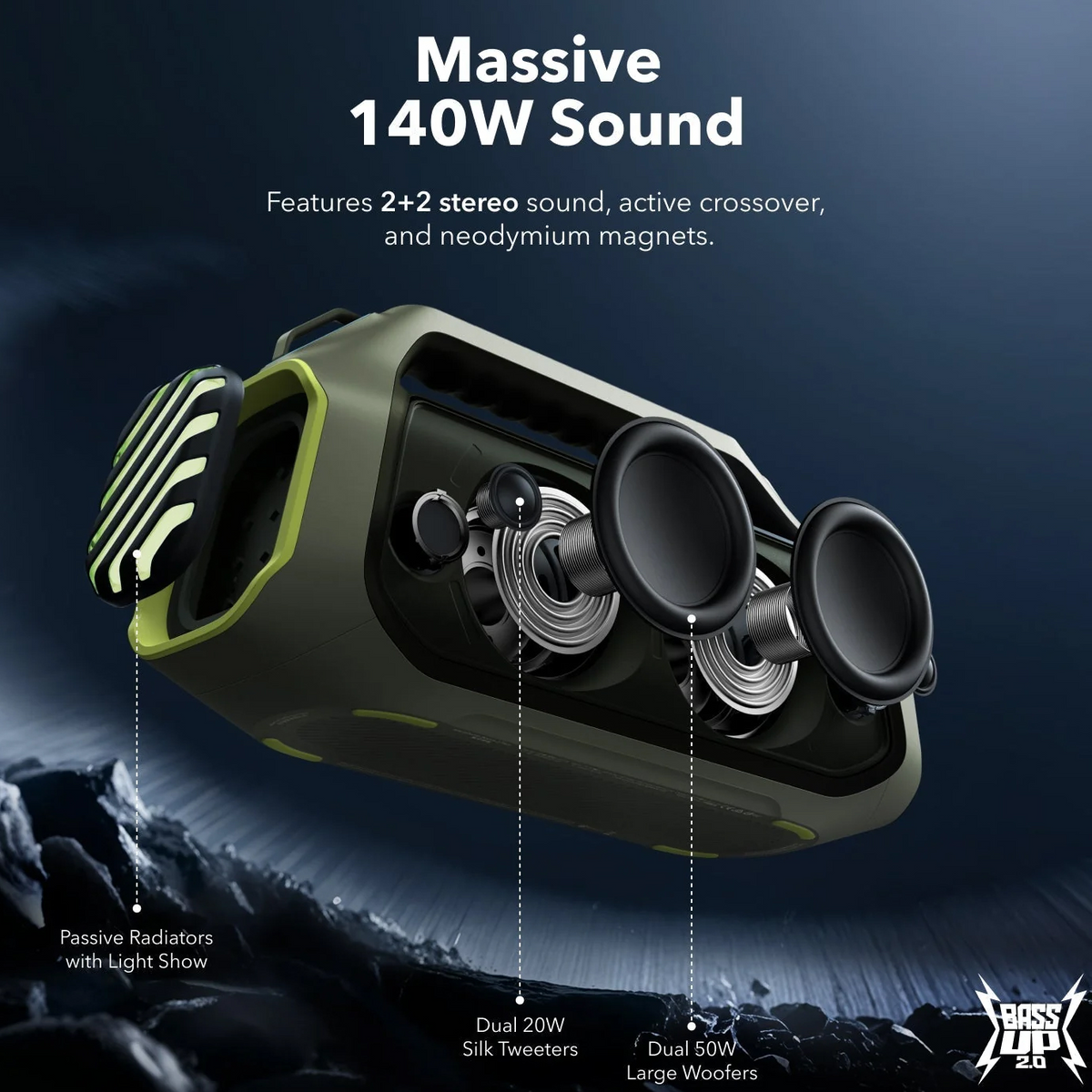 Φορητό Ηχείο Bluetooth Anker SoundCore Boom 2 Plus, 140W, TWS, RGB, Αδιάβροχο, Πράσινο, Επανασφραγισμένο A3134061
