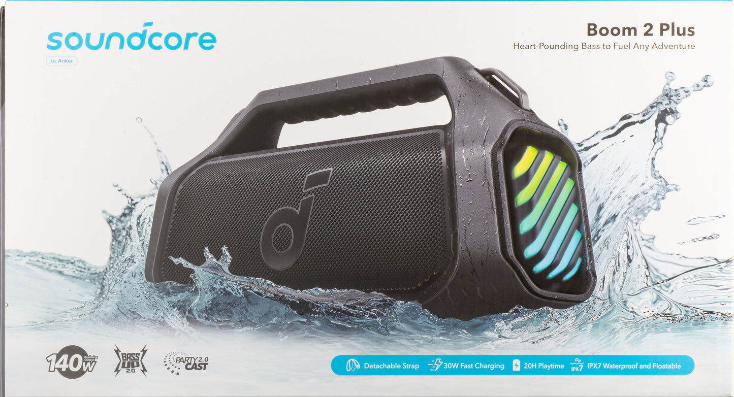 Anker SoundCore Boom 2 Plus Portable Bluetooth Speaker, 140W, TWS, RGB, Waterproof, Black A3134011