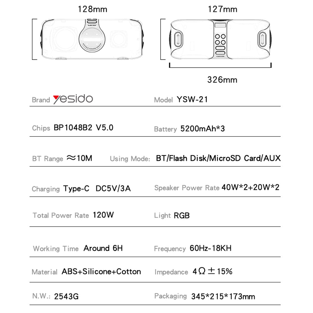 Ηχείο Bluetooth Yesido YSW21 Karaoke, 120W, RGB, Αδιάβροχο, Μαύρο
