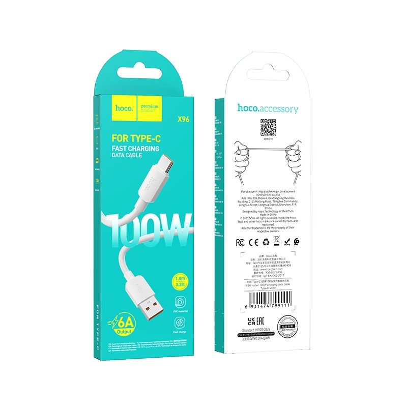 Καλώδιο Δεδομένων και Φόρτισης USB-A - USB-C HOCO X96, 100W, 1m, Λευκό