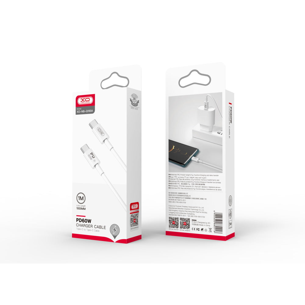 Καλώδιο Δεδομένων και Φόρτισης USB-C - USB-C XO Design NB-Q190A, 60W, 1m, Λευκό