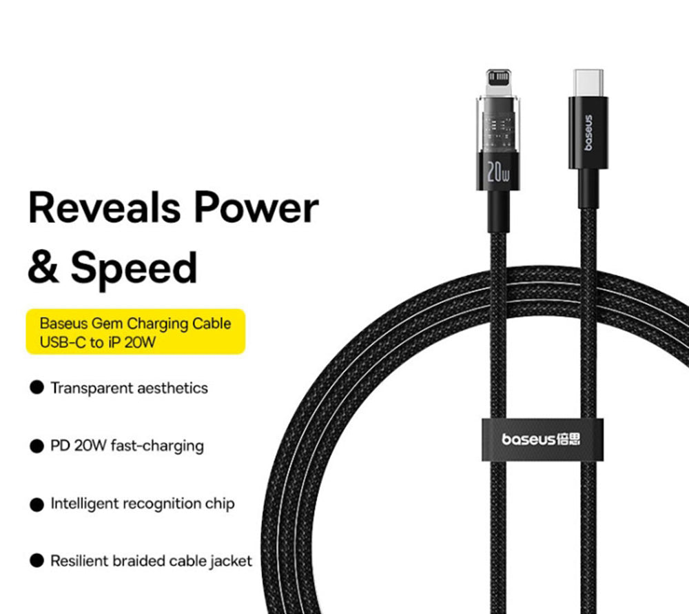 Καλώδιο Δεδομένων και Φόρτισης USB-C - Lightning Baseus Gem, 20W, 2m, Μαύρο P10373001111-01