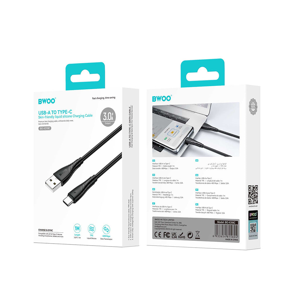 USB-A to USB-C Data and Charging Cable BWOO BO-X318C, 27W, 1m, Black