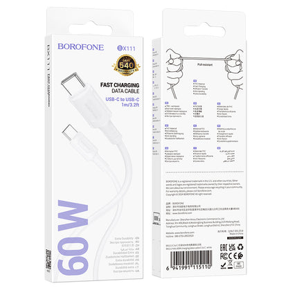 Καλώδιο δεδομένων και φόρτισης USB-C - USB-C Borofone BX111 Feliz, 60W, 1m, Λευκό 