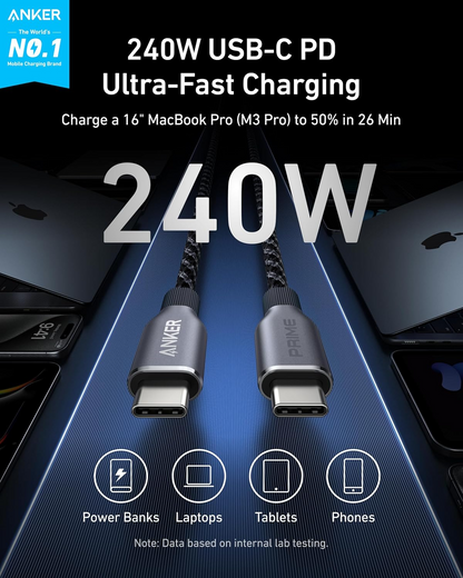 Καλώδιο δεδομένων και φόρτισης USB-C - USB-C Anker Prime, 240W, 0,9 m, Μαύρο A88E2011
