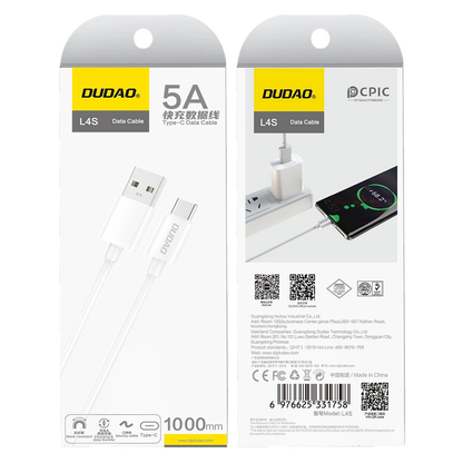 Καλώδιο Δεδομένων και Φόρτισης USB-A - USB-C Dudao L4ST, 100W, 1μ, Λευκό