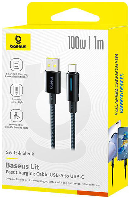 USB-A to USB-C Data and Charging Cable Baseus Lit Button Control, 100W, 1m, Black P10379002121-00