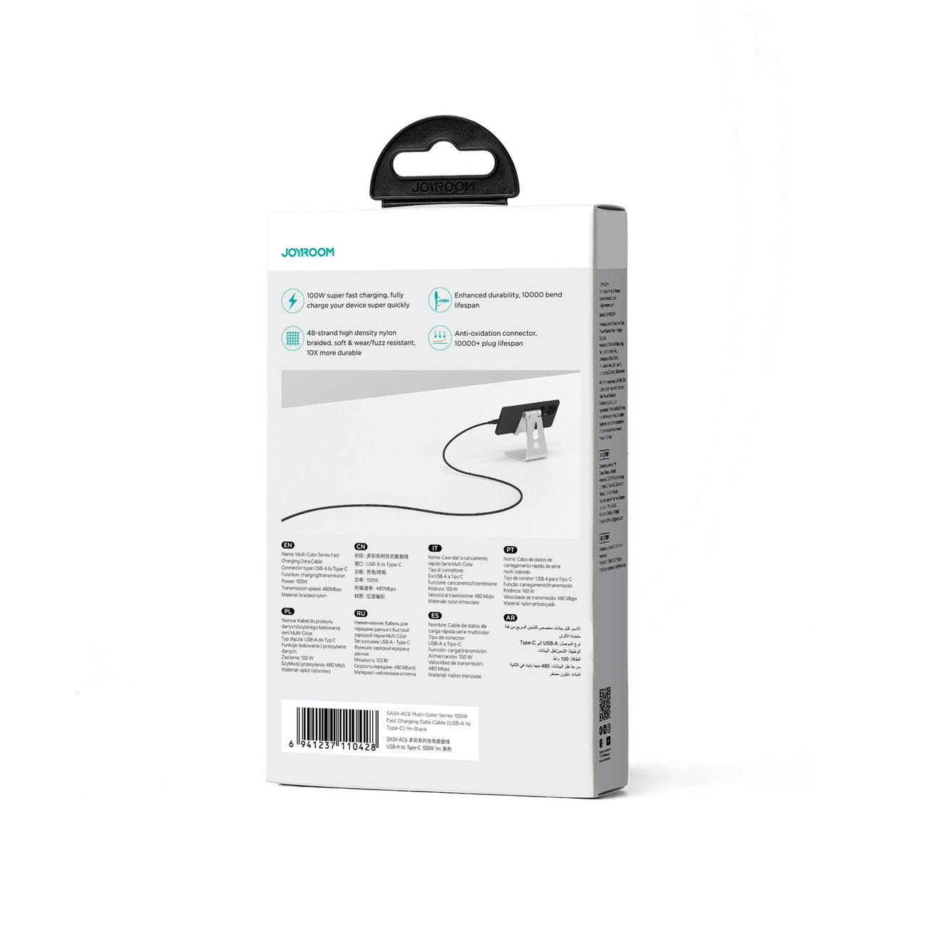 Καλώδιο Δεδομένων και Φόρτισης USB-A - USB-C Joyroom Multi-Color S-A34, 100W, 1m, Μαύρο