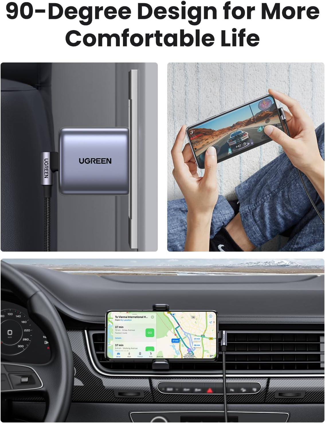 Καλώδιο Δεδομένων και Φόρτισης USB-C - USB-C UGREEN US255 Angled, 60W, 3m, Γκρι