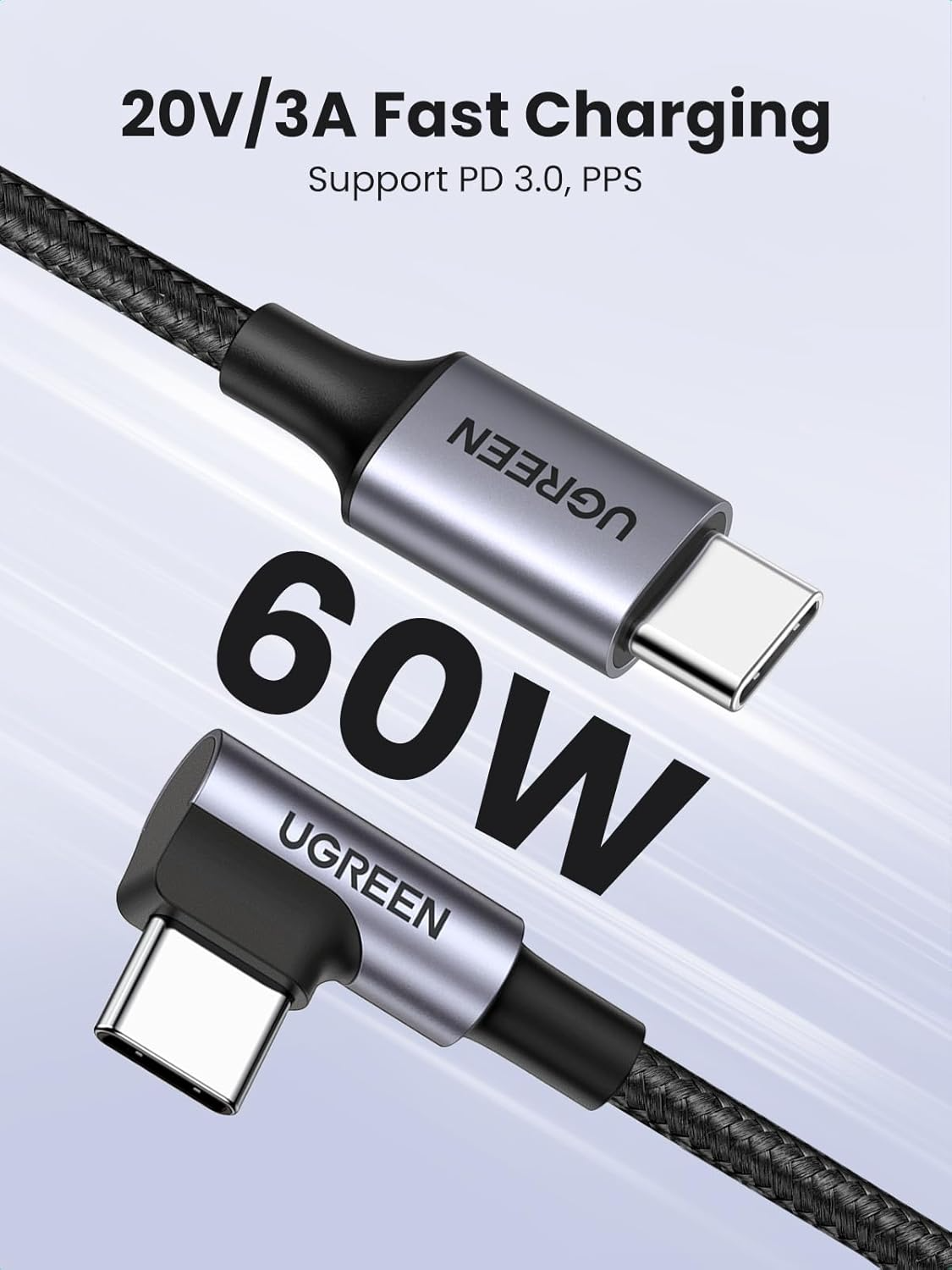 Καλώδιο Δεδομένων και Φόρτισης USB-C - USB-C UGREEN US255 Angled, 60W, 3m, Γκρι