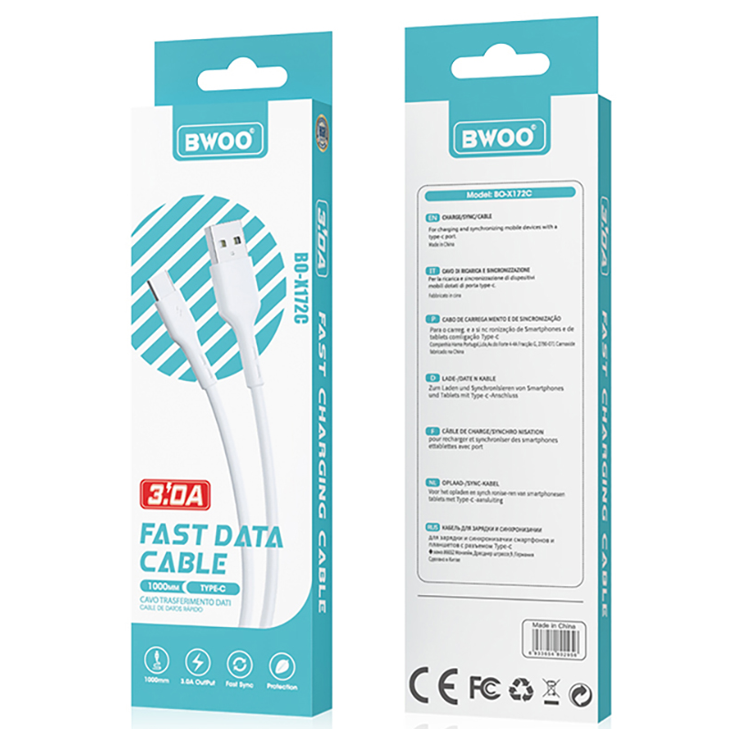 Καλώδιο Δεδομένων και Φόρτισης USB-A - USB-C BWOO X172C, 60W, 1m, Λευκό