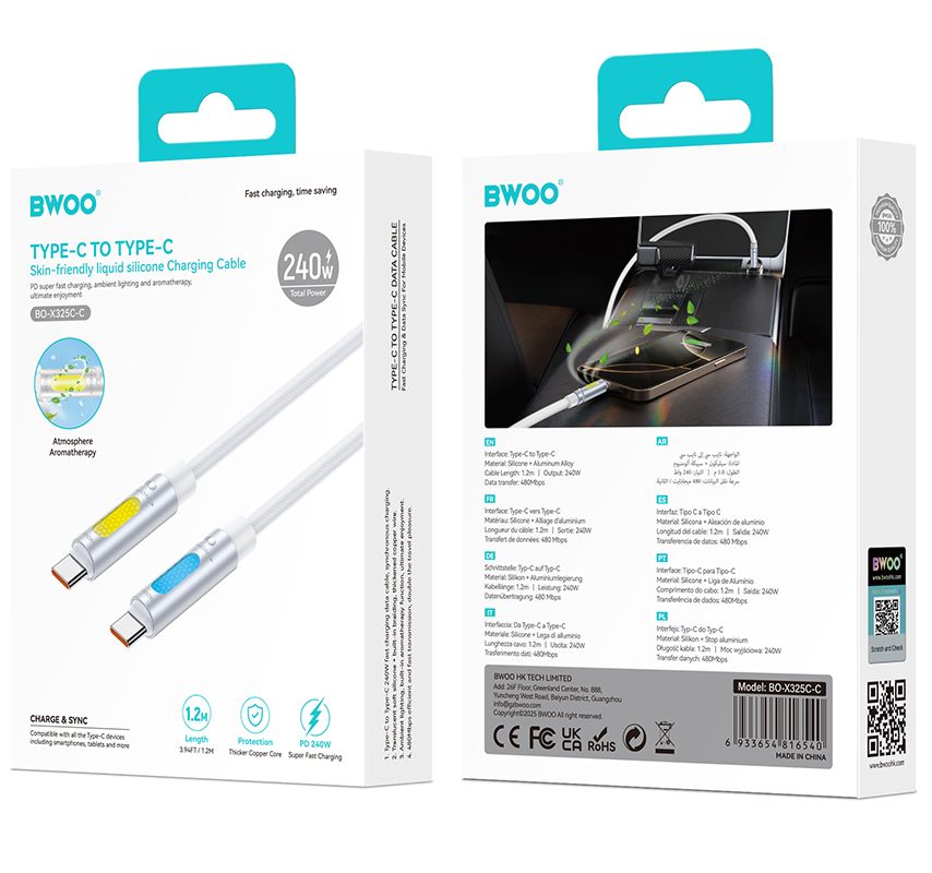 Καλώδιο Δεδομένων και Φόρτισης USB-C - USB-C BWOO X325C-C Led, 240W, 1.2m, Λευκό
