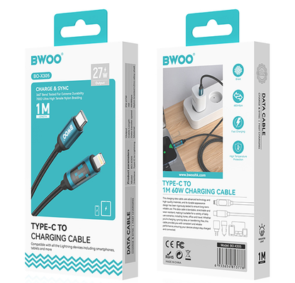 Καλώδιο Δεδομένων και Φόρτισης USB-C - Lightning BWOO X305 Display, 27W, 1μ, Μαύρο