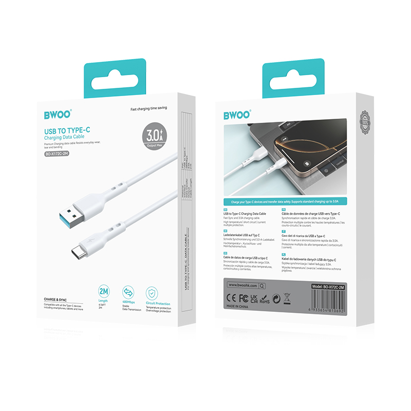 Καλώδιο Δεδομένων και Φόρτισης USB-A - USB-C BWOO BO-X172C-2M, 15W, 2μ, Λευκό