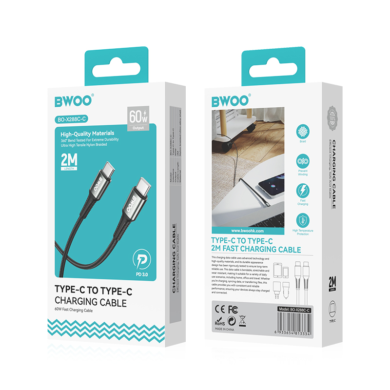 Καλώδιο Δεδομένων και Φόρτισης USB-C - USB-C BWOO BO-X288C-C, 60W, 1μ, Μαύρο