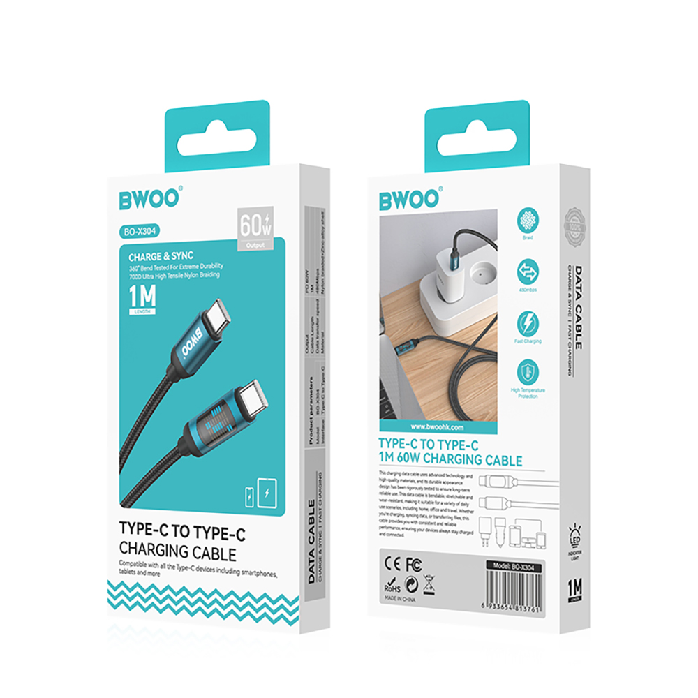 Καλώδιο Δεδομένων και Φόρτισης USB-C - USB-C BWOO BO-X304 Led, 60W, 1μ, Μαύρο