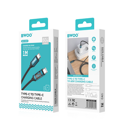 Καλώδιο Δεδομένων και Φόρτισης USB-C - USB-C BWOO BO-X304 Led, 60W, 1μ, Μαύρο