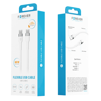 Καλώδιο Δεδομένων και Φόρτισης USB-C - USB-C Forever Flexible, 60W, 2m, Λευκό
