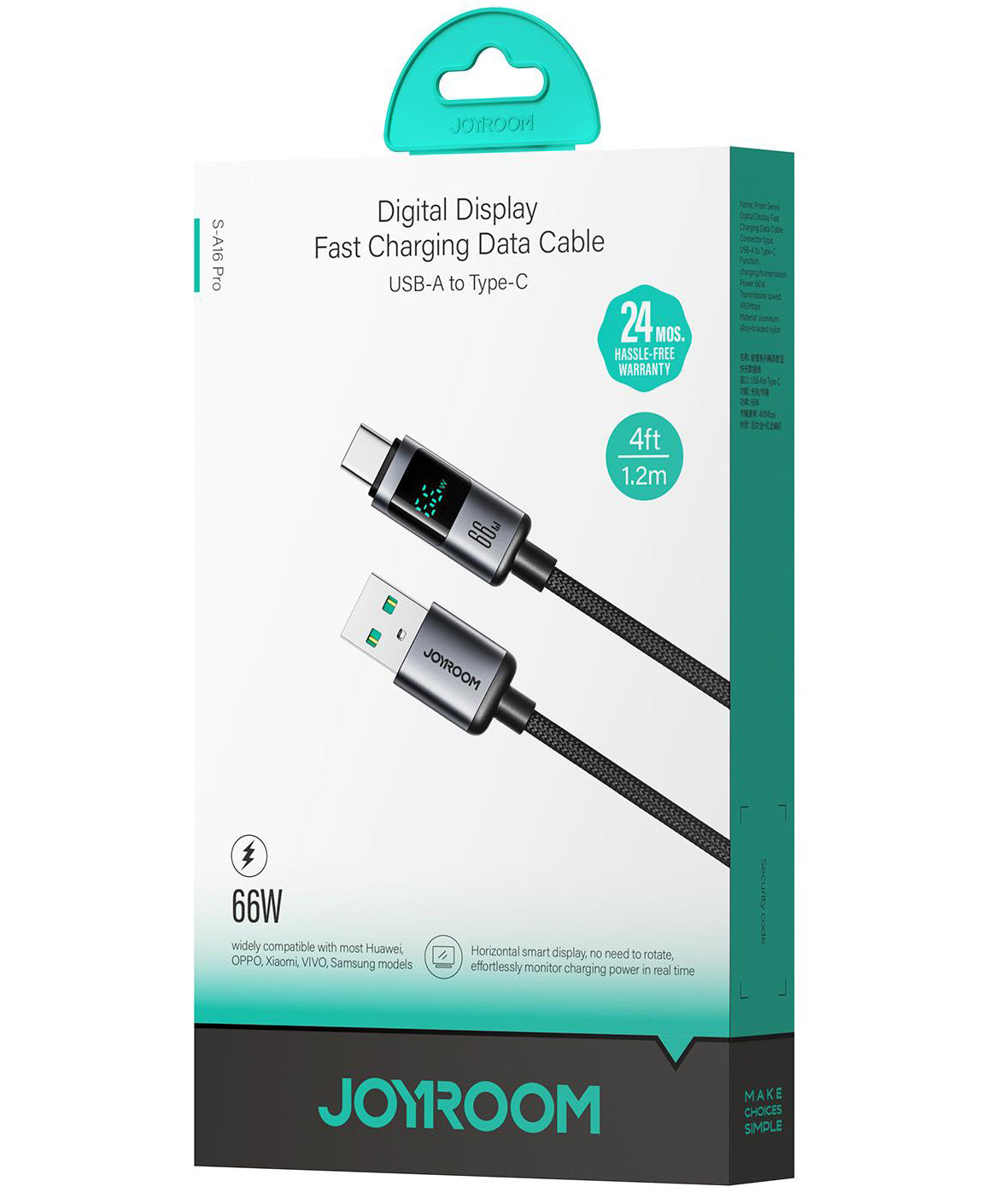 Καλώδιο Δεδομένων και Φόρτισης USB-A - USB-C Joyroom S-A16 Pro Prism Display, 66W, 1.2m, Μαύρο