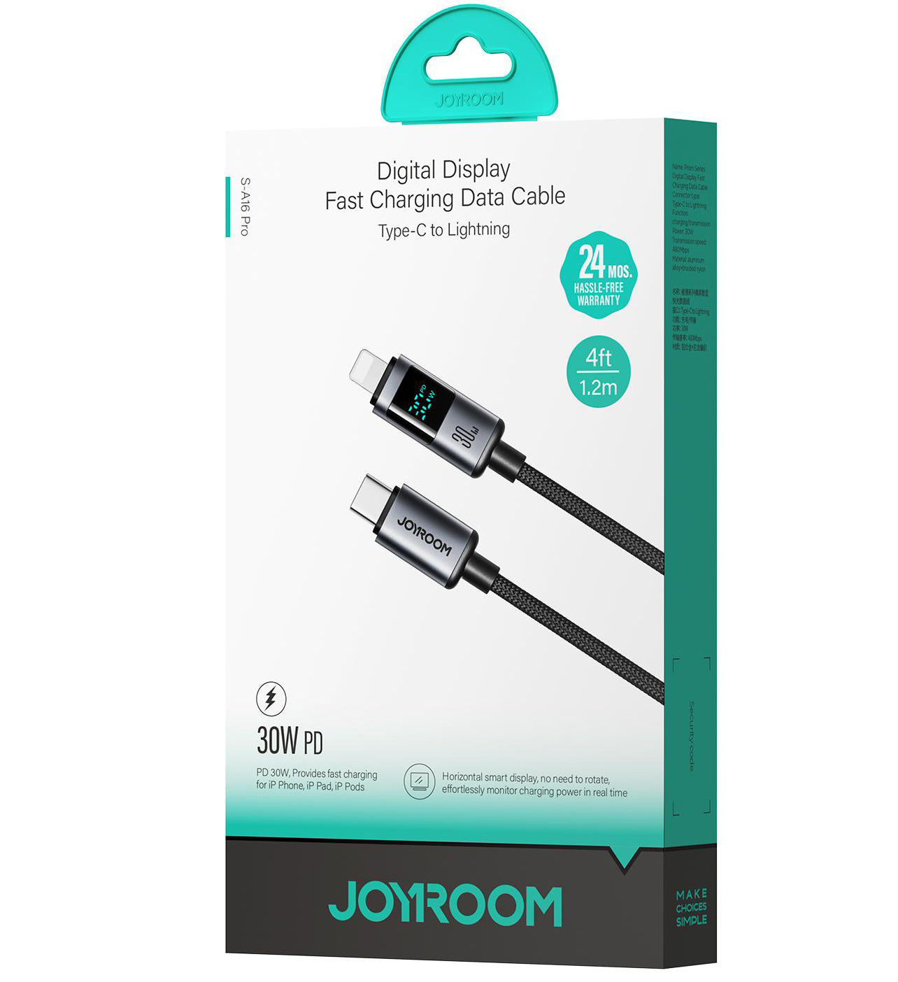 Καλώδιο Δεδομένων και Φόρτισης USB-C - Lightning Joyroom S-A16 Pro Prism Display, 30W, 1.2m, Μαύρο
