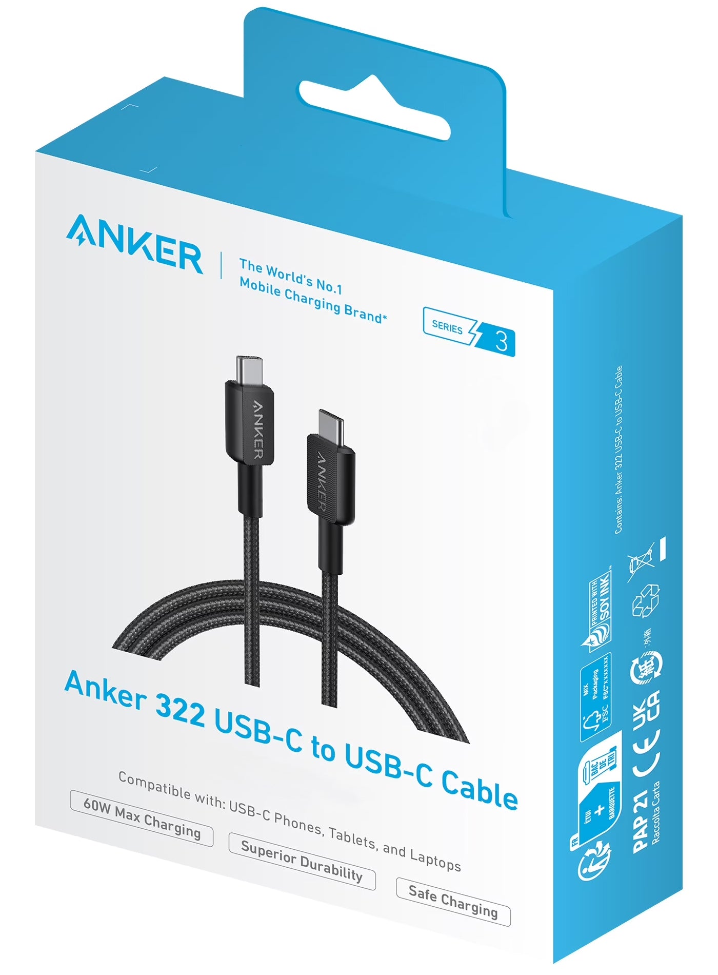 Καλώδιο Δεδομένων και Φόρτισης USB-C - USB-C Anker 322, 60W, 0.9m, Μαύρο A81F5G11