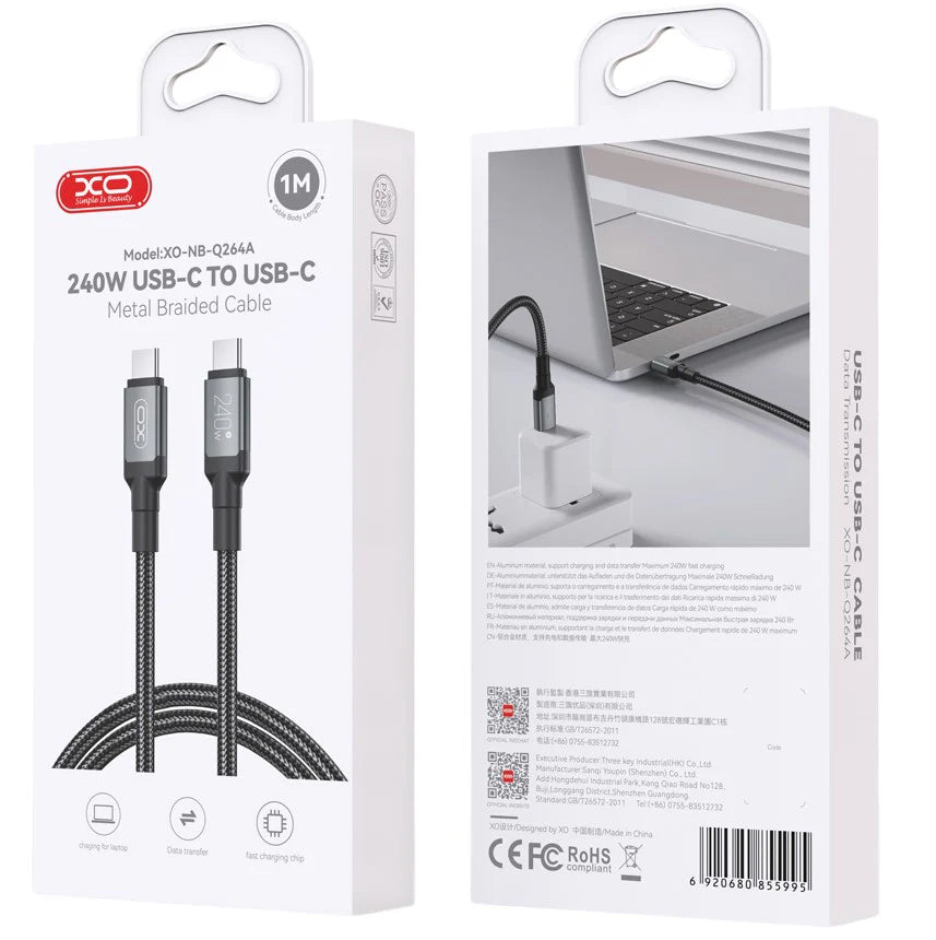 Καλώδιο Δεδομένων και Φόρτισης USB-C - USB-C XO Design NB-Q264A, 240W, 1m, Μαύρο