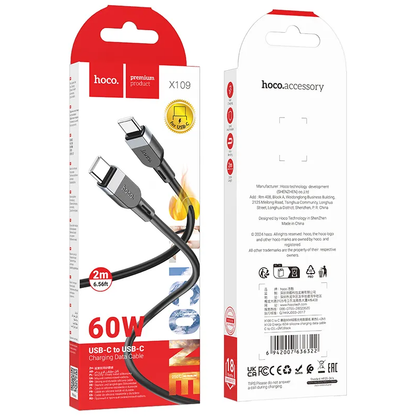 Καλώδιο Δεδομένων και Φόρτισης USB-C - USB-C HOCO X109, 60W, 2m, Μαύρο