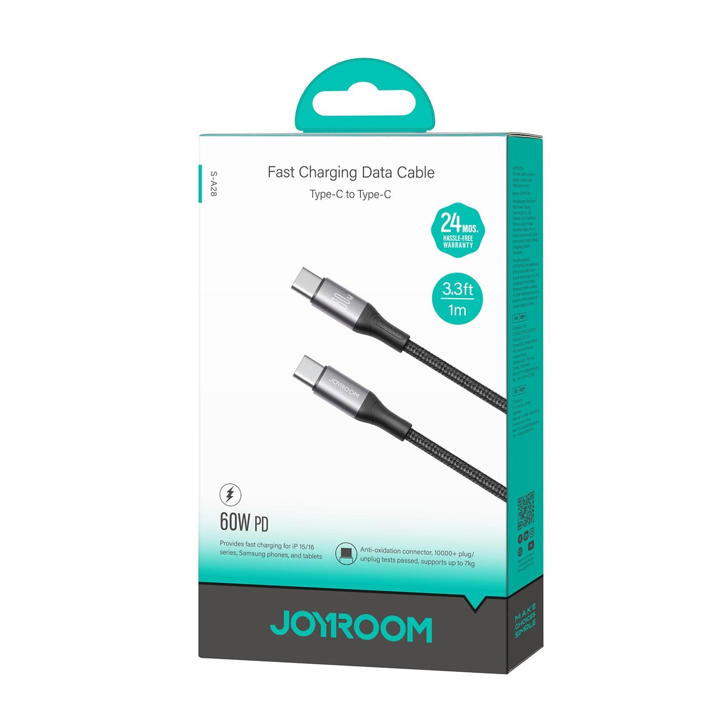 Καλώδιο Δεδομένων και Φόρτισης USB-C - USB-C Joyroom S-A28 Flash, 60W, 1m, Μαύρο