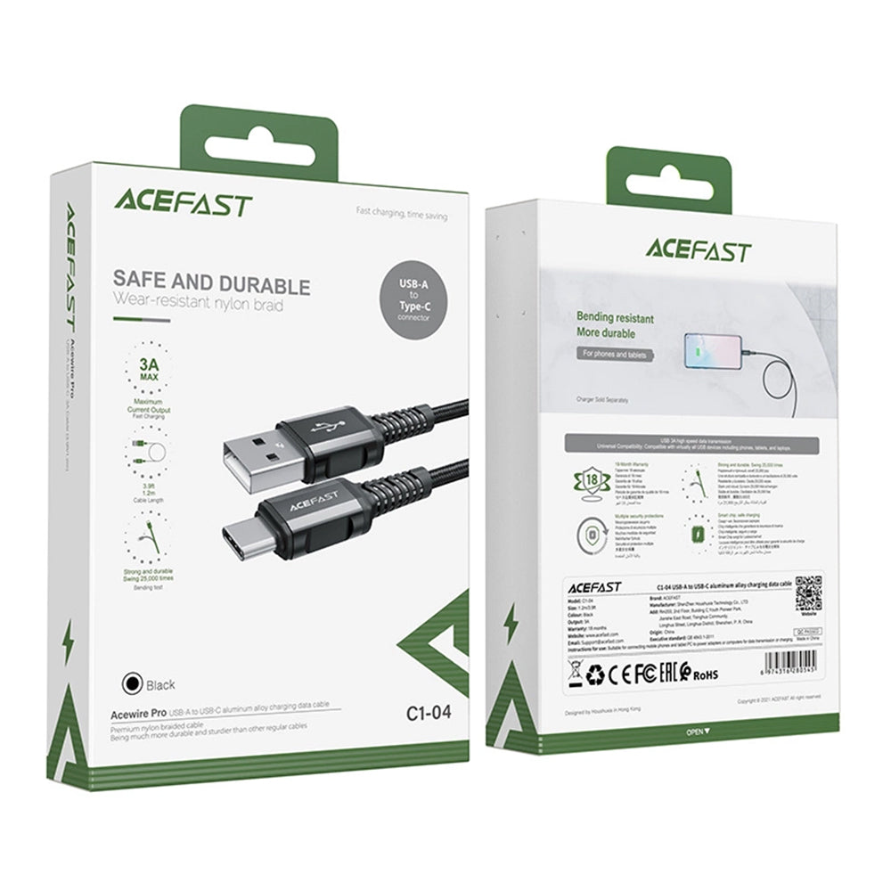 Καλώδιο Δεδομένων και Φόρτισης USB-A - USB-C Acefast C1-04, 18W, 1.2m, Μαύρο