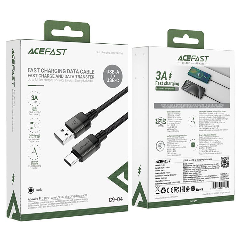 Καλώδιο Δεδομένων και Φόρτισης USB-A - USB-C Acefast C9-04, 18W, 1.2m, Μαύρο