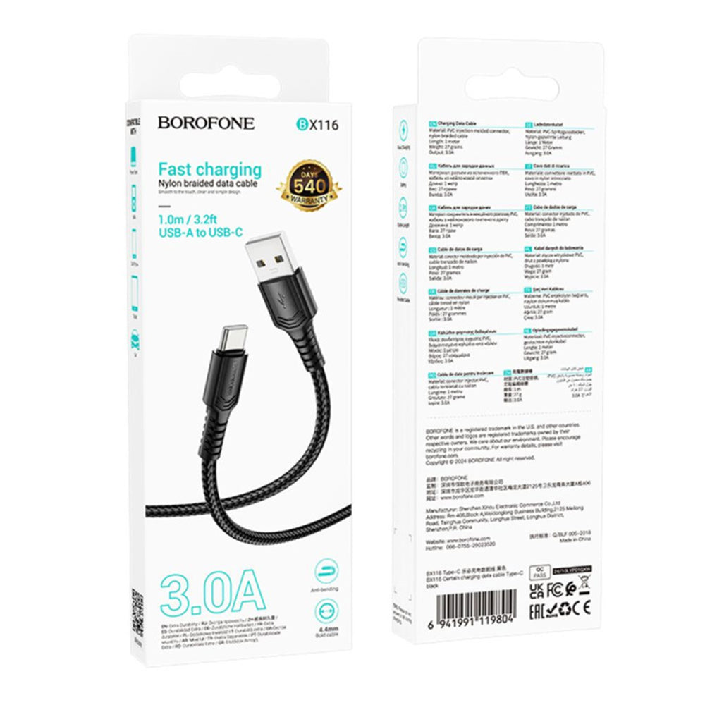 Καλώδιο Δεδομένων και Φόρτισης USB-A - USB-C Borofone BX116 Certain, 18W, 1m, Μαύρο