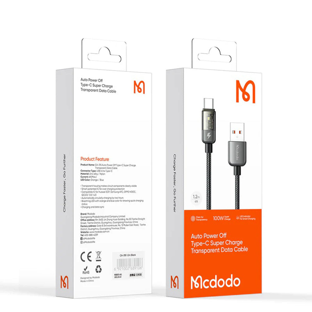 Καλώδιο Δεδομένων και Φόρτισης USB-A - USB-C McDodo CA-3150 Auto Power Off, 100W, 1.2m, Μαύρο