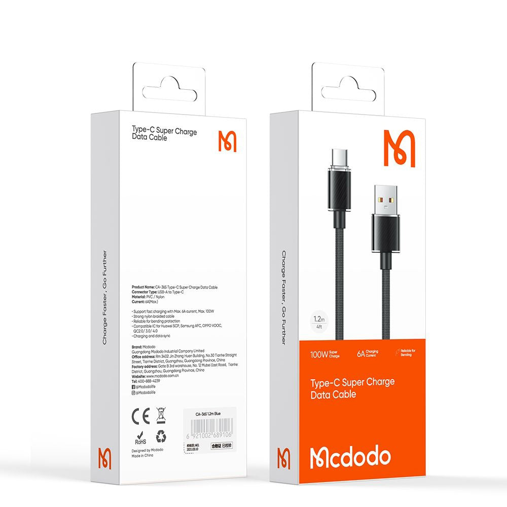 USB-A to USB-C Data and Charging Cable McDodo CA-3650, 100W, 1.2m, Black