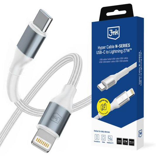Καλώδιο Δεδομένων και Φόρτισης USB-C - Lightning 3MK Hyper N, 27W, 2μ, Λευκό