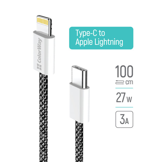 Καλώδιο Δεδομένων και Φόρτισης USB-C - Lightning ColorWay CW-CBPDCL061, 27W, 1m, Μαύρο