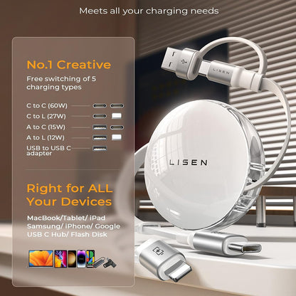 Καλώδιο Δεδομένων και Φόρτισης USB-C / USB-A - USB-C / Lightning Lisen, 60W, 1m, Λευκό YL0123030001