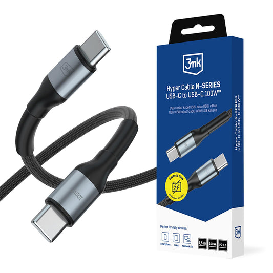 Καλώδιο Δεδομένων και Φόρτισης USB-C - USB-C 3MK Hyper N, 100W, 1.5m, Μαύρο