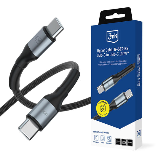 Καλώδιο Δεδομένων και Φόρτισης USB-C - USB-C 3MK Hyper N, 100W, 3μ, Μαύρο
