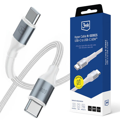 Καλώδιο Δεδομένων και Φόρτισης USB-C - USB-C 3MK Hyper N, 60W, 1m, Λευκό