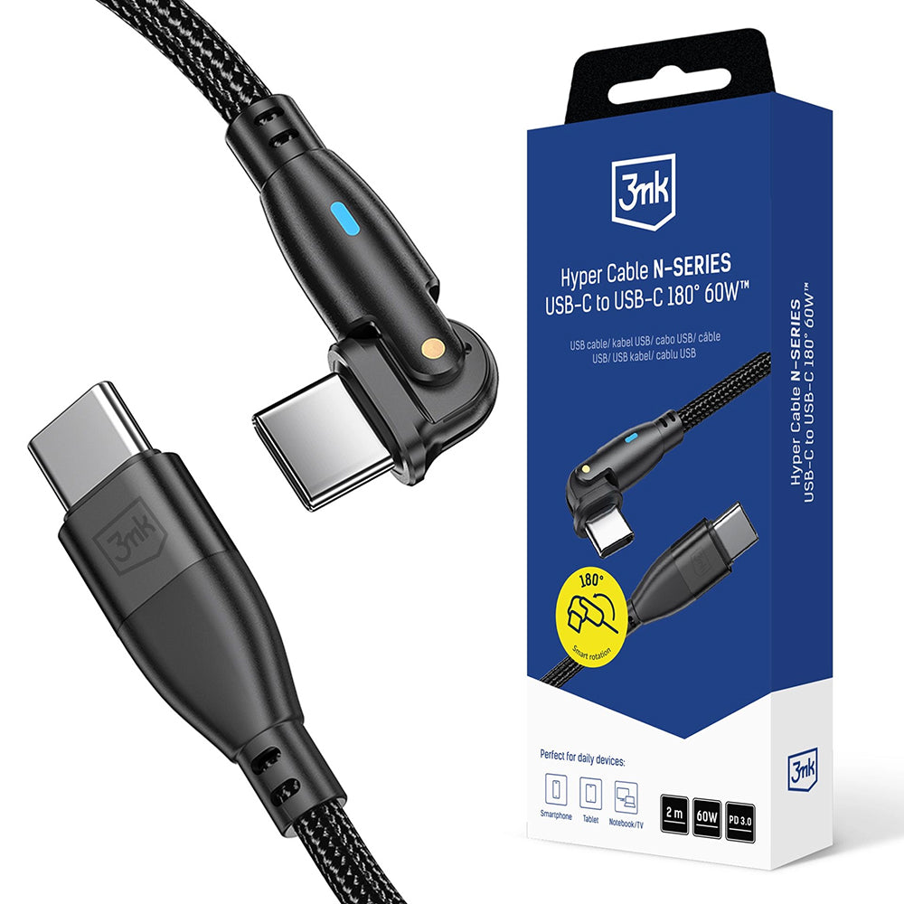 Καλώδιο Δεδομένων και Φόρτισης USB-C - USB-C 3MK Hyper N Angled, 60W, 2m, Μαύρο
