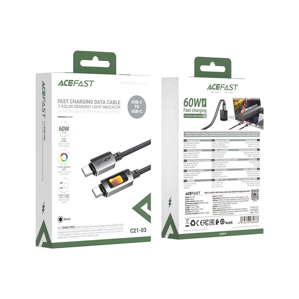 USB-C Data and Charging Cable - USB-C Acefast C21-03, 60W, 1.2m, Black