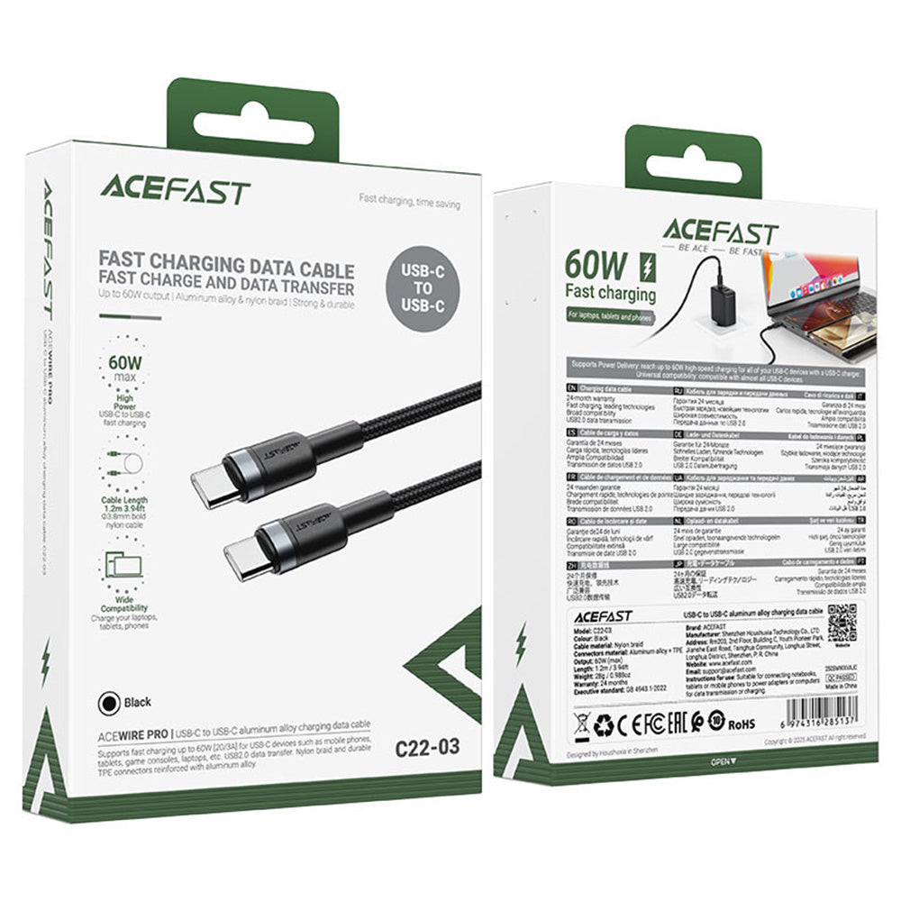 Καλώδιο Δεδομένων και Φόρτισης USB-C - USB-C Acefast C22-03, 60W, 1.2m, Μαύρο