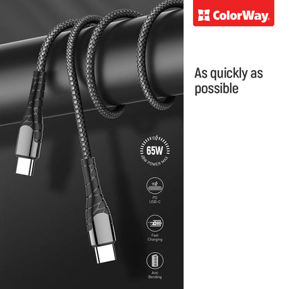 Καλώδιο Δεδομένων και Φόρτισης USB-C - USB-C ColorWay CW-CBPDCC040, 65W, 1m, Γκρι