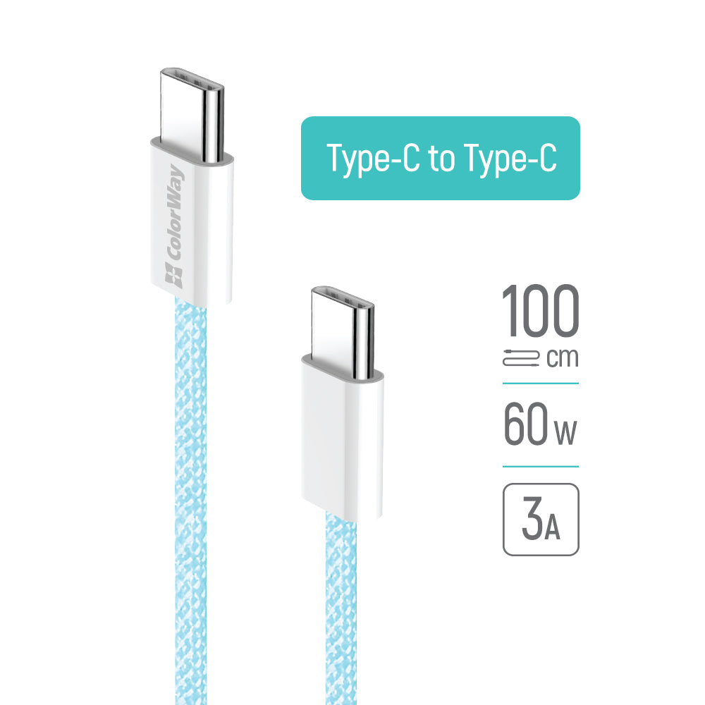 Καλώδιο Δεδομένων και Φόρτισης USB-C - USB-C ColorWay CW-CBPDCC061, 60W, 1m, Μπλε