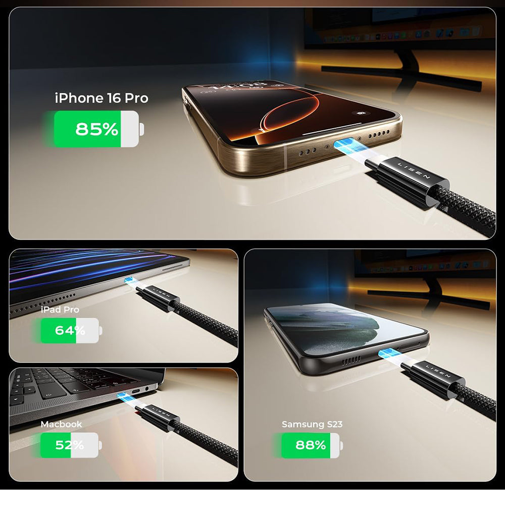 Καλώδιο Δεδομένων και Φόρτισης USB-C - USB-C Lisen, 60W, Σετ 5 τεμαχίων (2 x 1m, 2 x 2m, 1 x 3m), Μαύρο YL0123070010