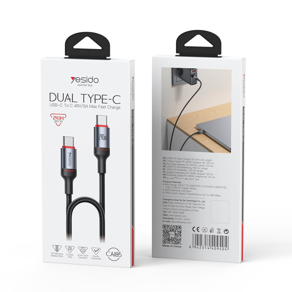Καλώδιο Δεδομένων και Φόρτισης USB-C - USB-C Yesido CA185, 240W, 1.2m, Μαύρο