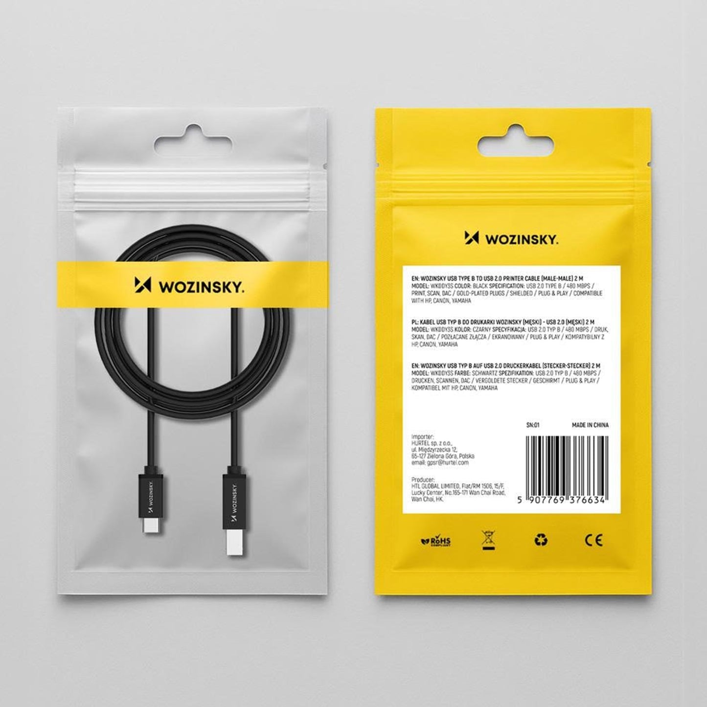 WZK WKDDY2S Printer Cable, USB-C - USB-B, 2m, Black