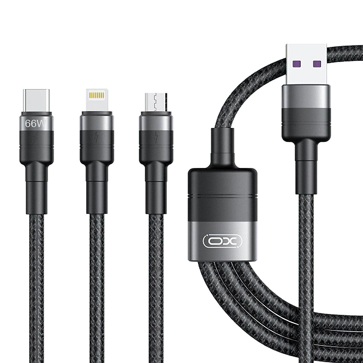 USB-A Charging Cable - Lightning / microUSB / USB-C XO Design NB-Q191 3in1, 66W, 1.2m, Black