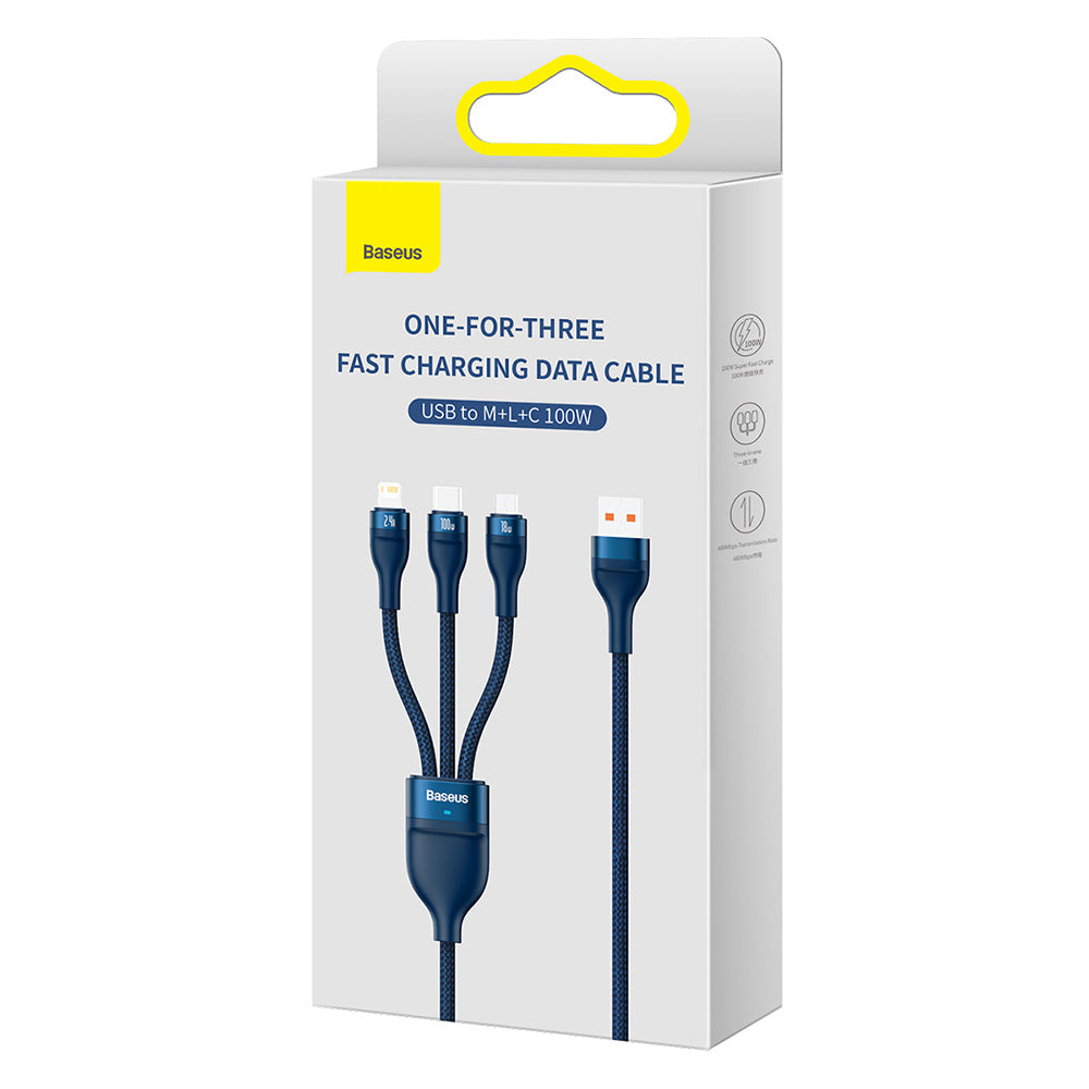 Καλώδιο Φόρτισης USB-A - Lightning / microUSB / USB-C Baseus Flash Series II 3in1, 100W, 1.2m, Μπλε CASS030003